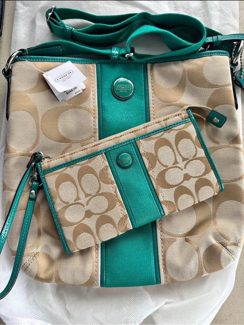 Coach Beige Signature Shoulder Bag with Teal Trim and matching wristlet wallet